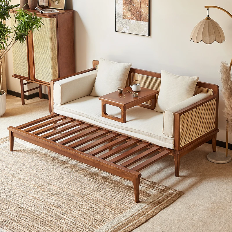 

Solid wood sofa bed Arhat bed Small apartment dual-purpose retractable sofa Log wind retro rattan decoration B & B