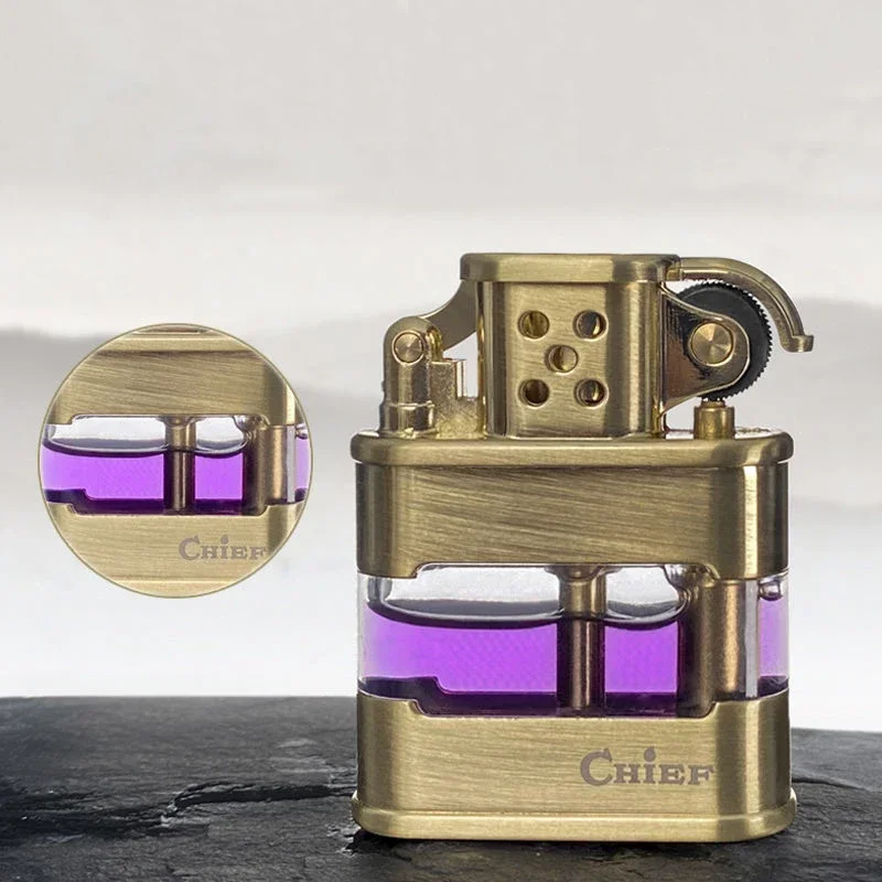 Men\'s Transparent Visible Oil Storage Lighter, Retro, Windproof, Old-fashioned, Grinding Wheel, Smoking Gift, Original, 2024