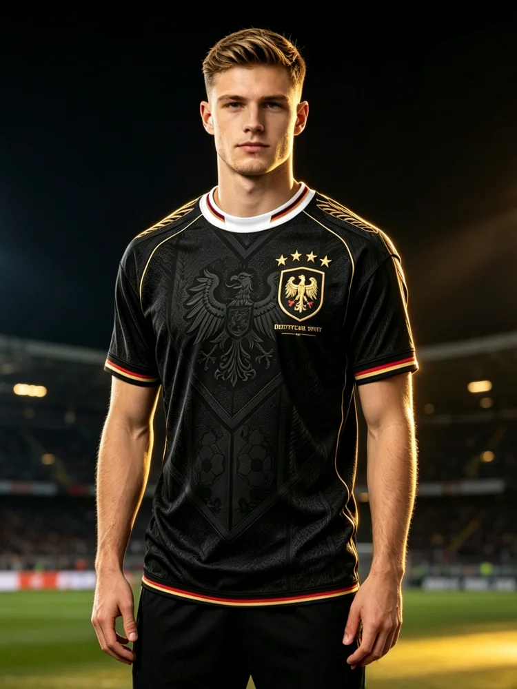 2026 New Germany Black Soccer Jersey Golden Eagle Print Breathable Quick-Dry Men Women Fans Sports Training Tops Family Kid Tees