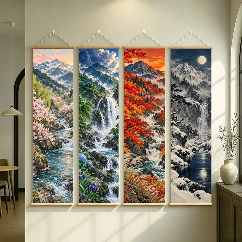 Four Seasons Wall Art with Mountain Waterfall, Spring Blossoms, Autumn Leaves and Snow on Silver Shimmer Canvas for Living Room