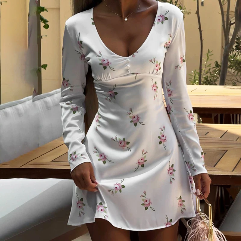 

Ticketsx Casual Print V-Neck Long Sleeve Mini Dress Elegant High Waist Button Floral A-Line Dress Autumn Date Commut Women Dress
