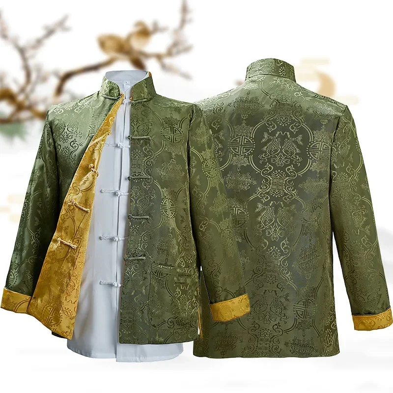 Chinese Style Clothes Kung Fu Tang Tops Men Vintage Jacquard Garment Top Long Sleeve Tai Chi Costume Tradition Chinese Coat