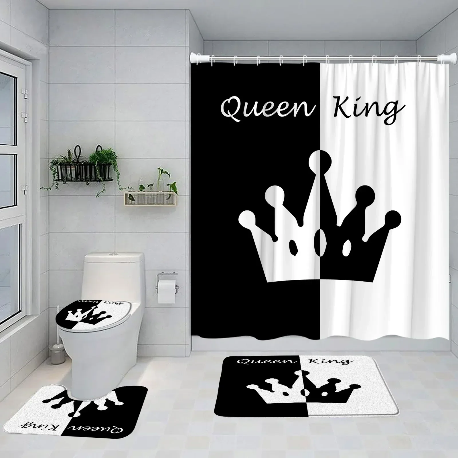 Crown Queen and King Shower Curtain Set Black White Pink Red Background Mrs Mr Right Couple Lover Bathtub Rug Toilet Seat Cover