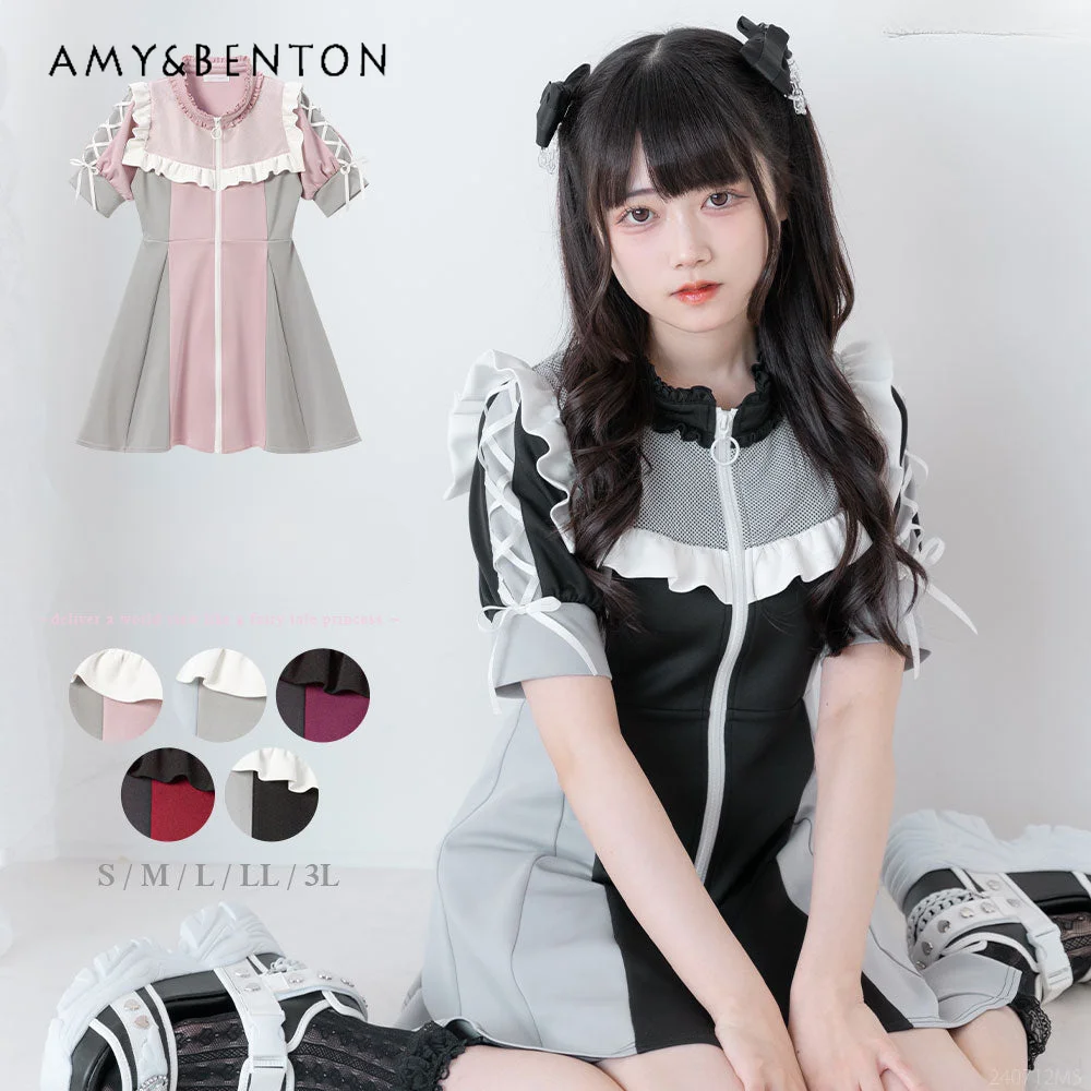 

Summer New Japanese Sweet Mine Heavy Industry Lolita Dress for Women Cute Bow Lace Strap Zipper Short Sleeve Slim Mini Dress