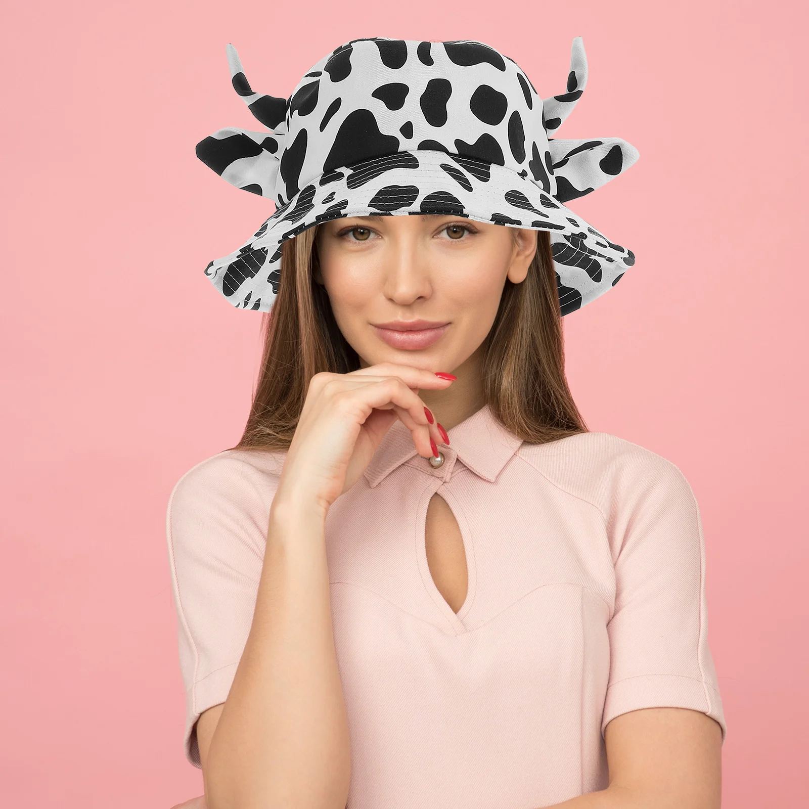 

Cow Print Bucket Hat Horns Korean Style Fashionable Summer Outdoor Sun Hat Cute Cow Pattern for Students Fun Hats for Adults