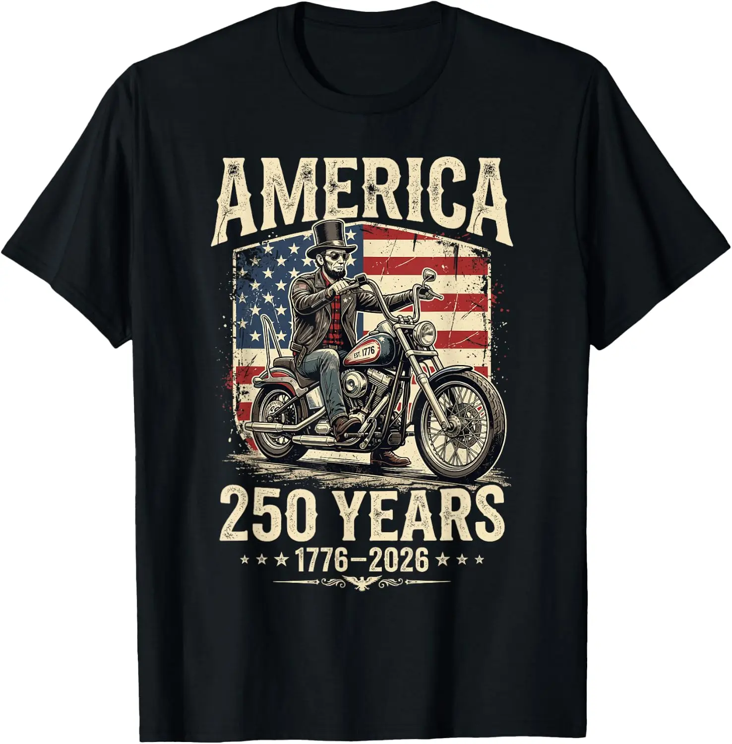 America 250 Years Freedom Abraham Lincoln Riding Motorcycle T-Shirt 100% Cotton Trendy Y2K Short-Sleeve Tee-Soft, Quick-Drying,