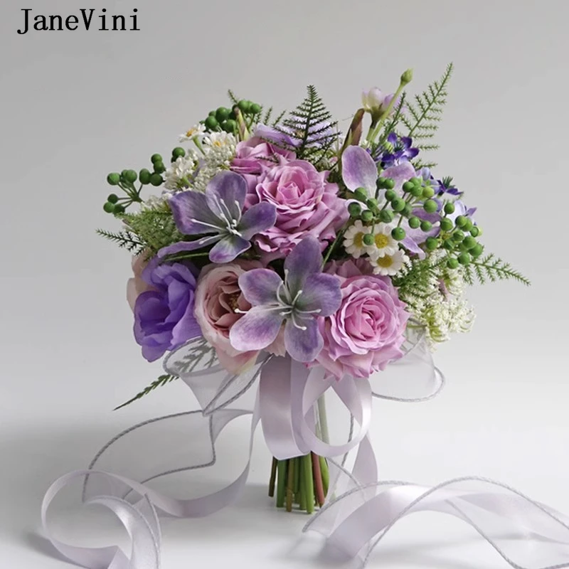 JaneVini Romantic Artificial Pink Purple Bridal Bouquets Handmade Silk Roses Hydrangea Korean Wedding Bouquet Flowers for Bride