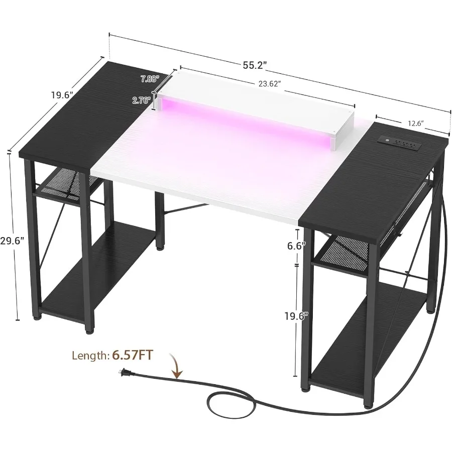 مكتب كمبيوتر 55 بوصة مع أضواء LED مدمجة ومنافذ USB مدمجة ومنافذ USB بتصميم قابل للعكس مع شاشة قابلة للتعديل S #3