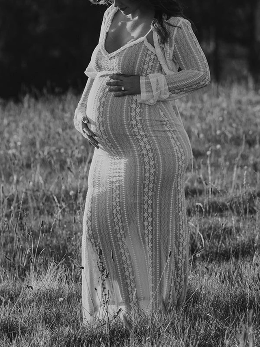 2025 Elegant Maternity Dress Photoshoot Adjustable Lace Gown for Baby Shower Prenatal Photography Two-piece set