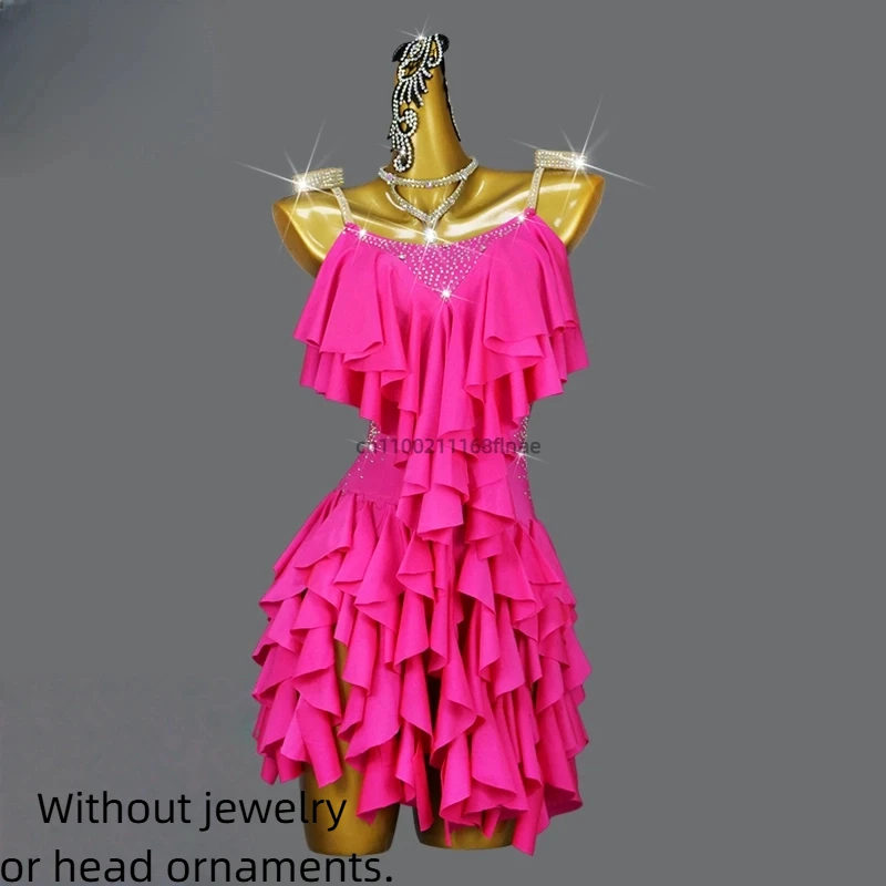 

The 2025 New Rose Red Latin Dance Costume Competition Showcases Professional Dance Costumes with Tassel Skirts for Women
