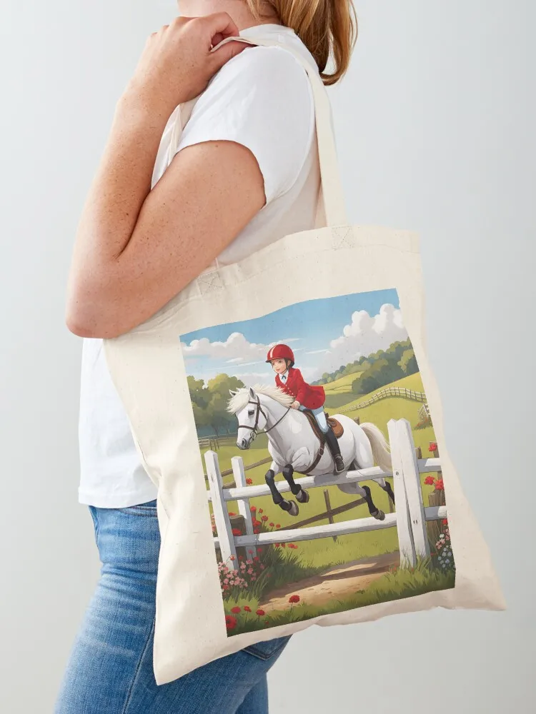 

White pony with girl rider jumping a fence Tote Bag Shopping bags tote woman personalized Women's