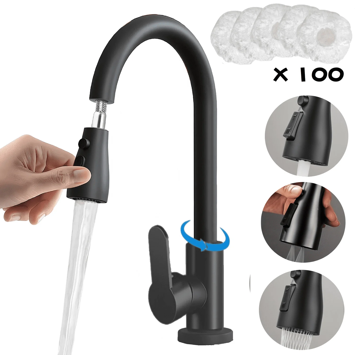 

Kitchen sink faucet, drop down injector faucet, available in 3 modes for farmhouse campers laundry RV bar, etc., black