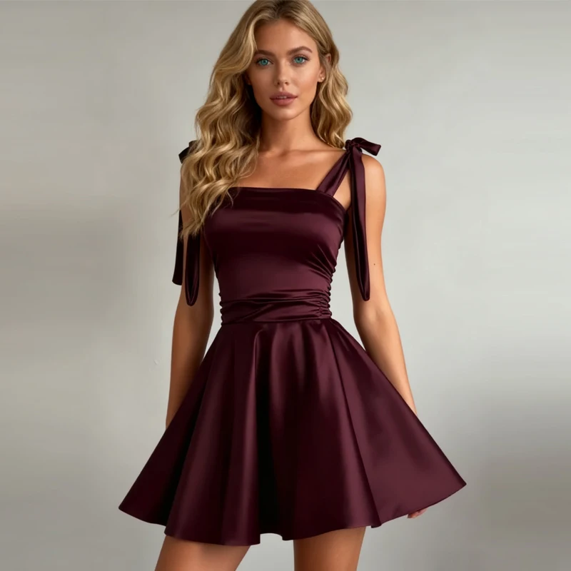 Abito da sera da donna sexy in raso bordeaux con lacci e papillon, mini abito da festa sottile a trapezio, eleganti abiti con cinturino per spaghetti senza schienale