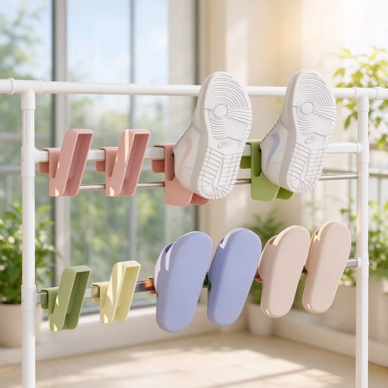 Clip On Shoe Drying Rack Balcony Railing Shoe Hanger Portable Slipper Holder Drain Shoe Organizer For Outdoor Indoor