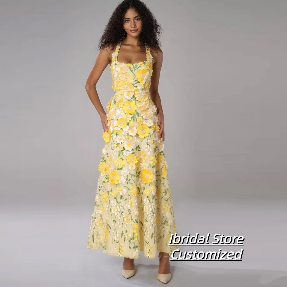 Aangepaste gele galajurk avondjurken vrouw elegante feestjurken bloemen stof speciale gelegenheid jurk