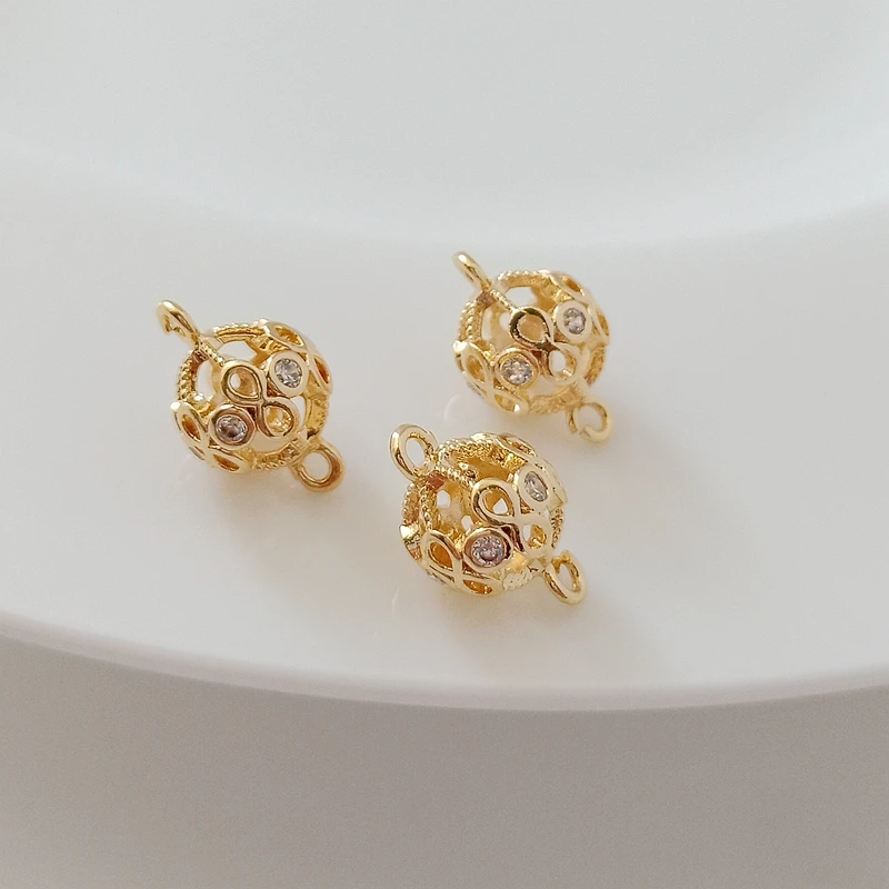 

Полый двойной кулон с инкрустацией из меди и золота 14 карат, инкрустированный цирконом, подвеска «сделай сам» ручной работы из бисера 8 мм с цветочными шариками из бисера