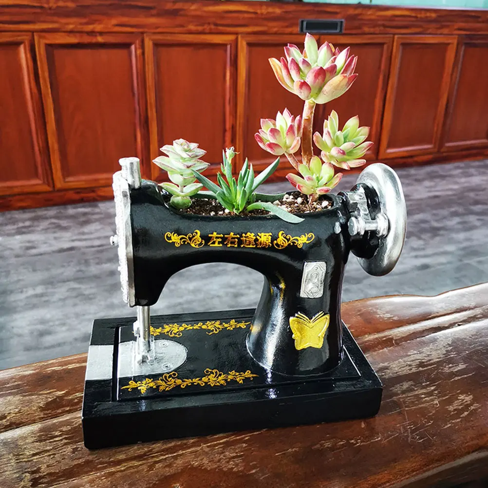 1 قطعة الزهرية الحرفية الراتنج خمر ماكينة خياطة شكل وعاء عصاري لنباتات الصبار ديكور سطح المكتب حديقة الزينة