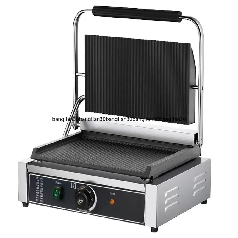 Panini Machine Single Double Head Electric Stainless Steel Stripe Full Pit Fried Steak Machine Pressure Plate Grilling Furnace