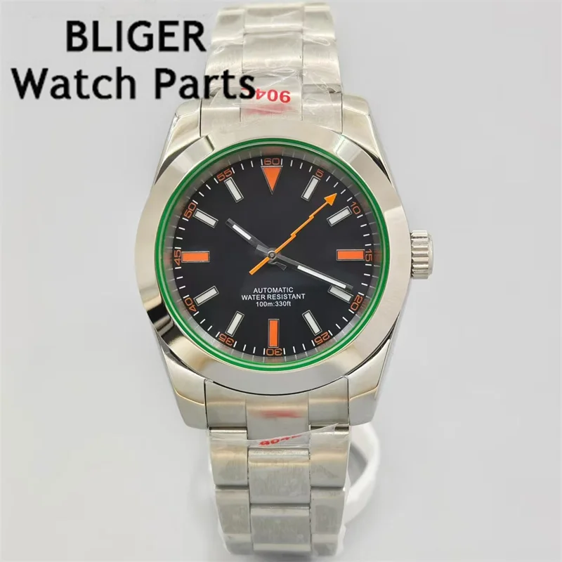 BLIGER 36mm/39mm Polished Men\'s Watch with Green Edge sapphire glass black dial NH35A 2813 MIYOTA 8215 PT5000 automatic movement