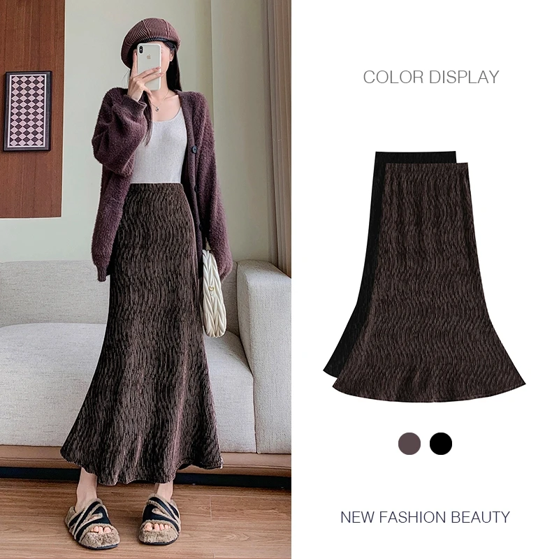 

Autumn Winter 2025 New Women Thick Velvet Skirts Loose Plus Size Pleated Skirts A-Line Merimaid Lady Skirt Black Bottom KE3050