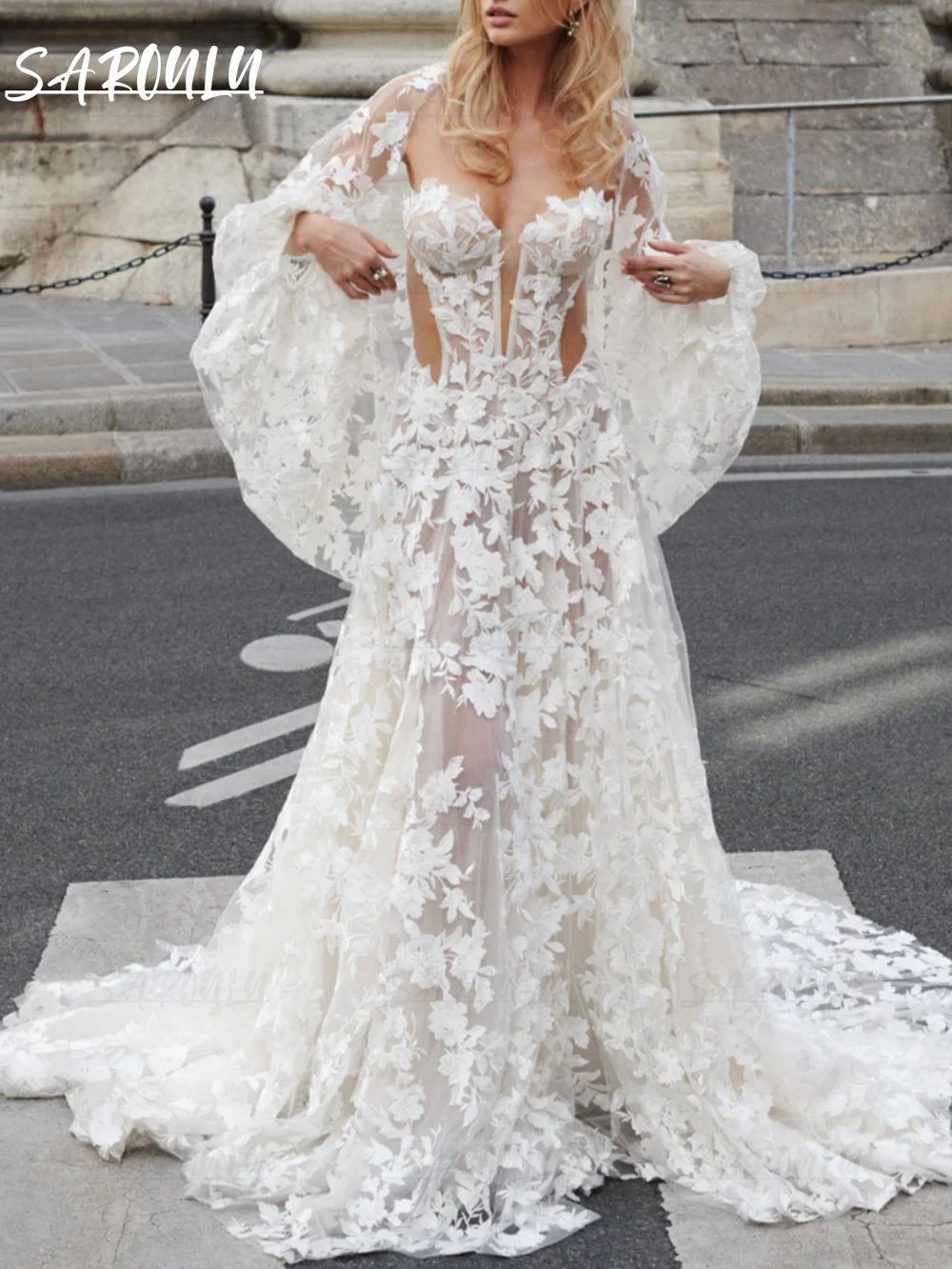 Romantic Lace Wedding Dress, A Line Cut-out Long Bride Dresses, Customized, with Cape Jacket, Strapless Bridal Gown