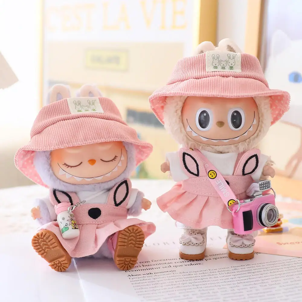 

For 17cm Labubu Doll Dress Cute Doll Dress Pink Rabbit Dress Green Coat Set Cartoon Doll Hat Clothing Accessories