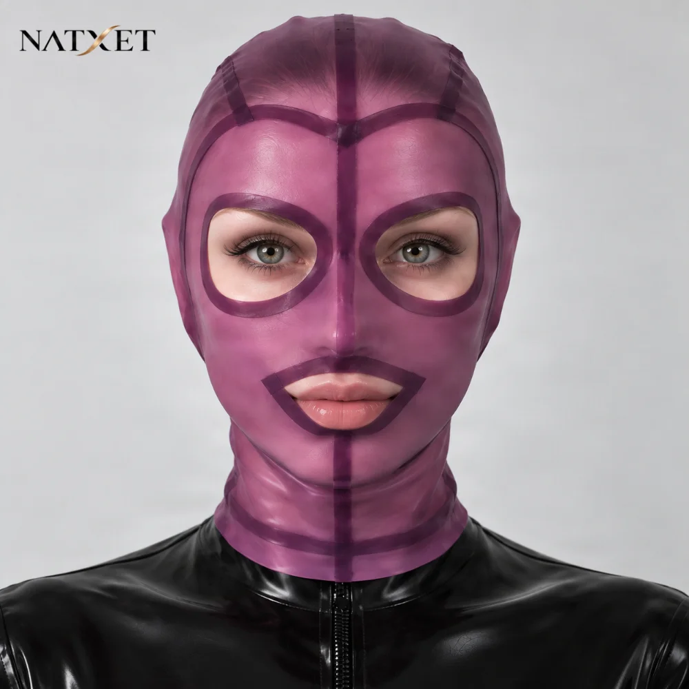 NATXET Handmade Natural Latex Hood Open Eyes and Mouth Back Zip Translucent Purple Rubber Mask Custom