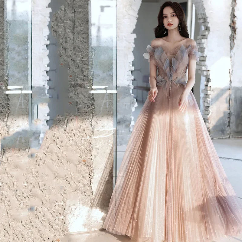 Fashion Pink Off Shoulder Evening Dresses 2022 Robe De Soirée Women Long A Line Tulle Formal Party Dress Vestito Da Festa