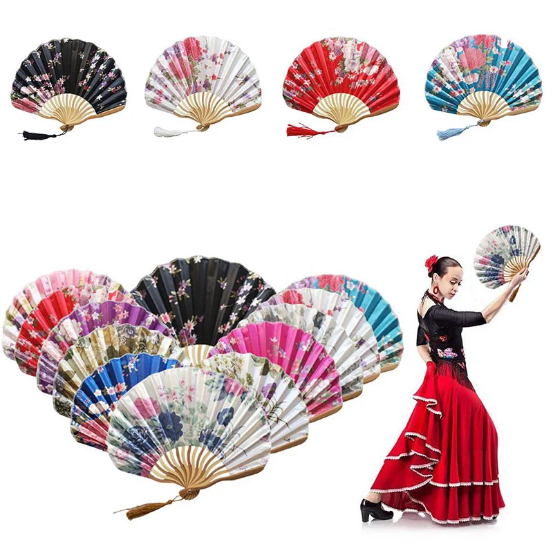

Hand Fold Fan Vintage Style Bamboo Wood Silk Flower Japanese Chinese Artificial Pink