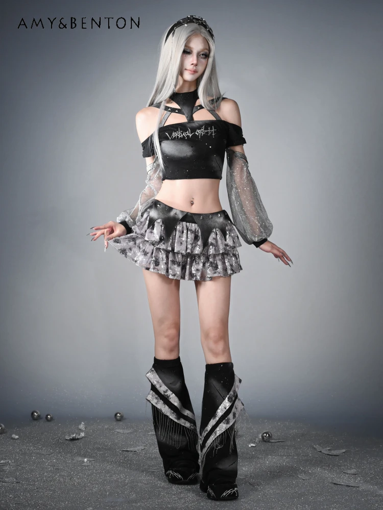 Original Goth Print Y2k Subculture Legwarmers Female Punk Style Metal Tassel Hot Girl Leg Warmers Medium Tube Socks Cover Women
