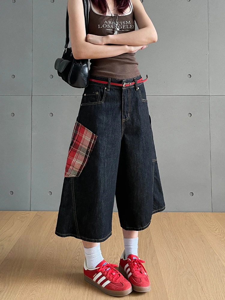

American High Street Retro Plaid Patchwork Seven-Foot Denim Shorts Unisex Loose Straight Leg Pants Youth Fashion Casual Jeans