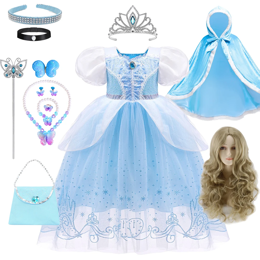 

Halloween Carnival Cinderella Costume Festive Girl Princess Elsa Dress Children Light Blue Evening Lace Long Dresses Girl Outfit