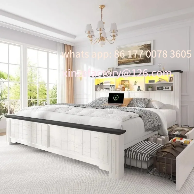 

Customizable Queen Size Bed Frame with Headboard, 4 Storage Drawers, and LED Charging Station