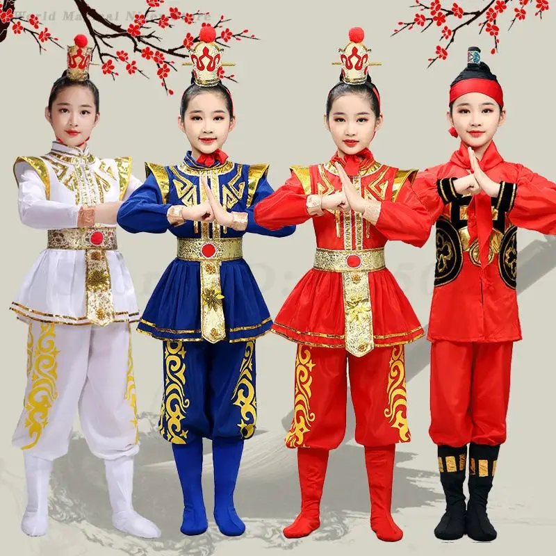 Kids Boys Girls Hua Mulan Cosplay Costumes Chinese Folk Yangko Dance Clothes Oriental Traditional Opera Stage Performance Outfit