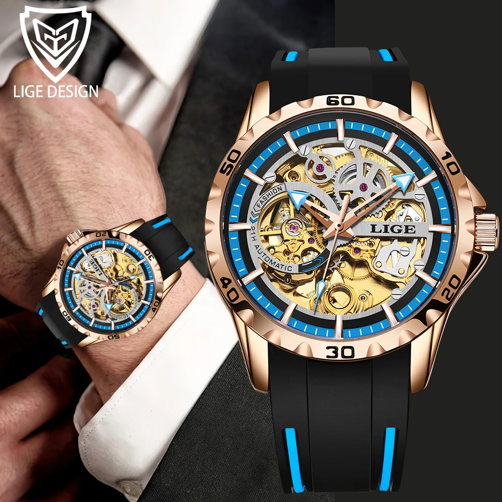 Luxury Silicone Watch Man LIGE Design Fashion Hollow Dial Mechanical Mens Watch Automatic Watches Men Waterproof Male Wristwatch