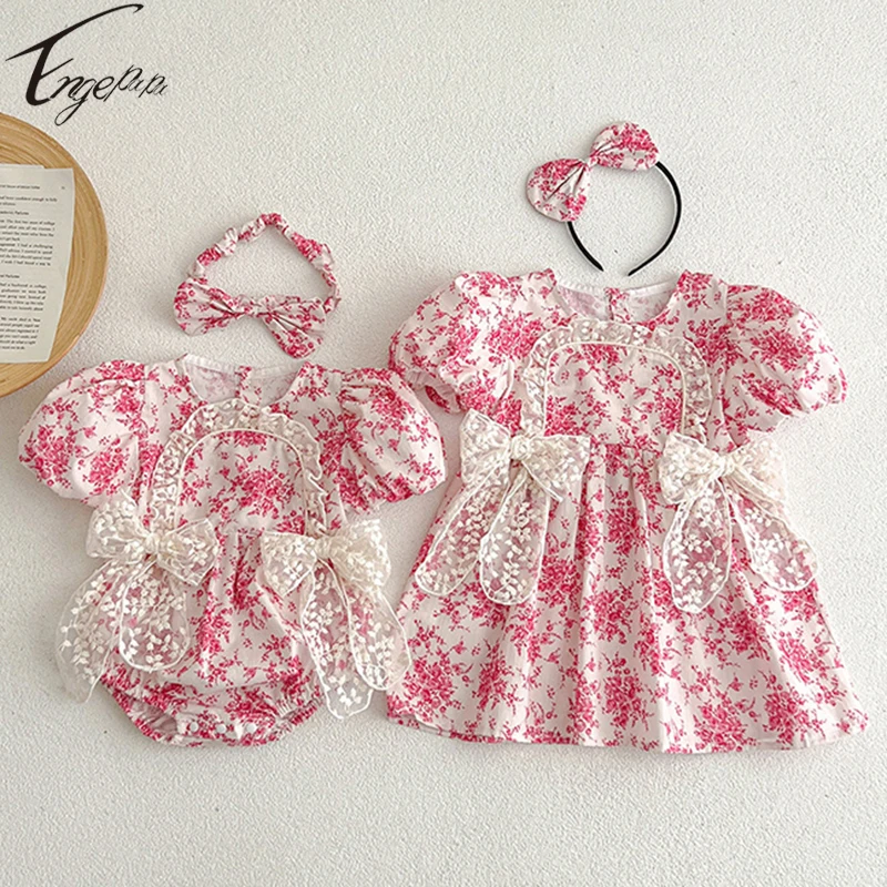 Printed Infant Baby Girls Floral Romper Summer Kids Girls Short Sleeves Dress Child Baby Girls Sweet Lace Sister Clothes