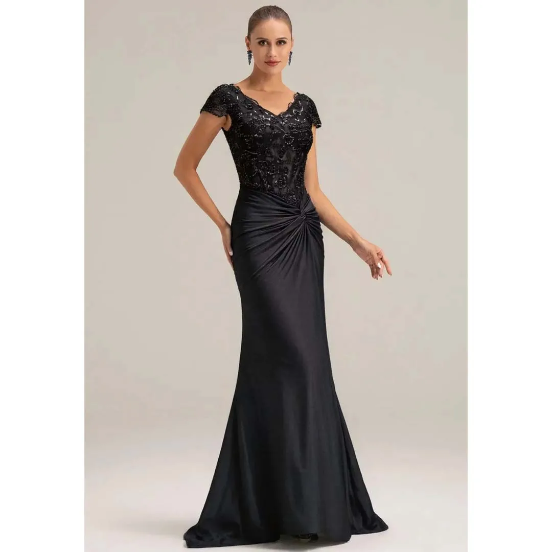 

Elegant Cap Sleeves Mother of the Bride Dresses V-neck Pleats Beading Appliques Mermaid Party Gowns Customized Evening Dress
