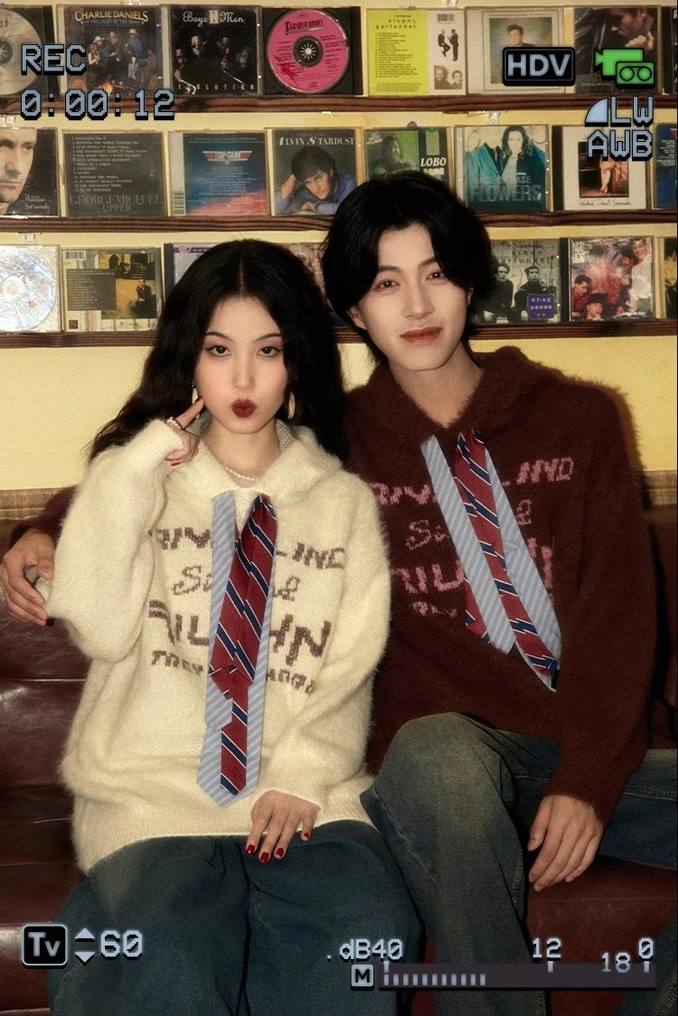 Autumn Winter New Retro Men's Letter Embroidery Tie Design Apricot Hooded Sweater Couple Loose Casual Coffee Knitted Sweater