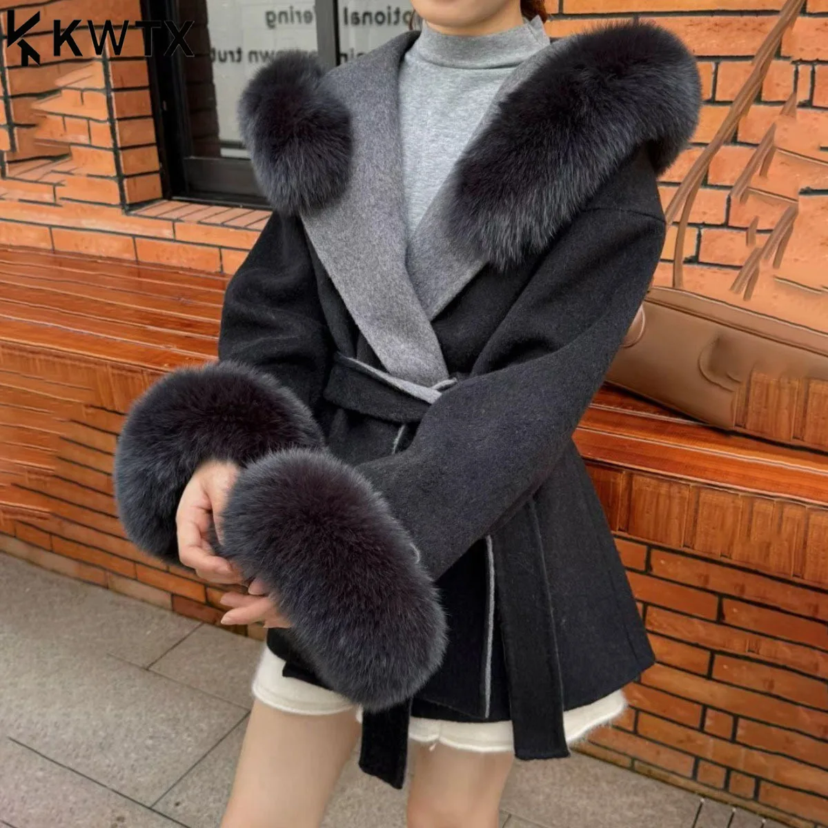 

KWTX женское офисное модное двустороннее шерстяное пальто для женщин, кардиган с капюшоном из лисьего меха, завязанные пальто, осень-зима 202, новый прилив