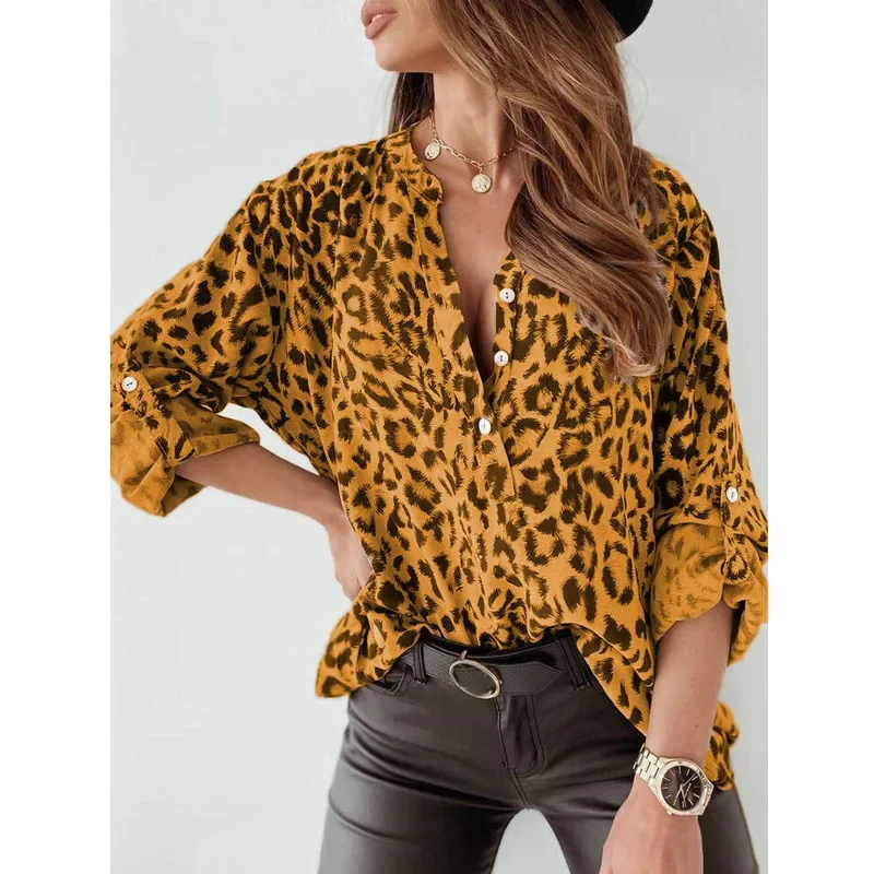 Spring Autumn Leopard Print Sexy Blouse Women Loose Casual Long Sleeve Chiffon Female Shirt Elegant Cardigan Office Lady Clothes