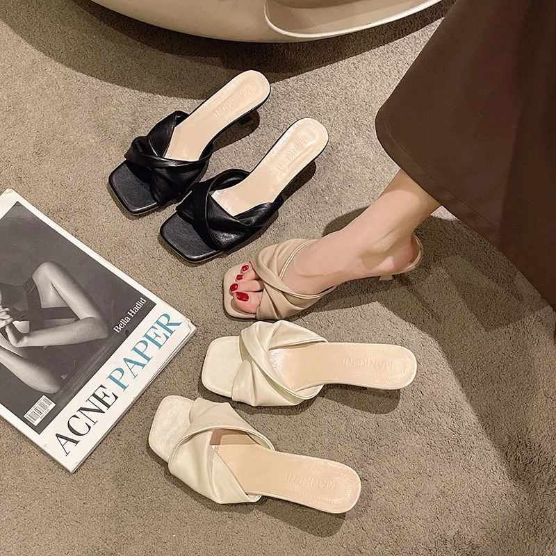 Women's Elegant Square Head Slippers Exquisite Solid Color Open Toe Sandals Minimal Daily Versatile Ladies High Heels