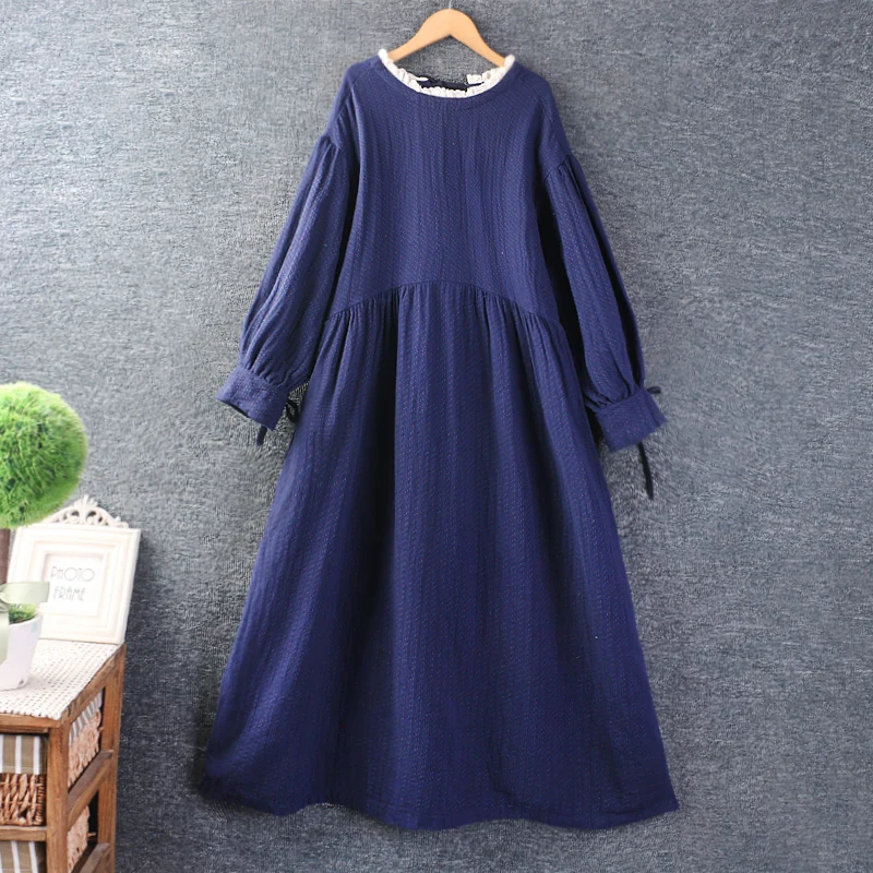 Autumn New Sweet Round Neck Long Sleeve Loose Midi Dress Z2379