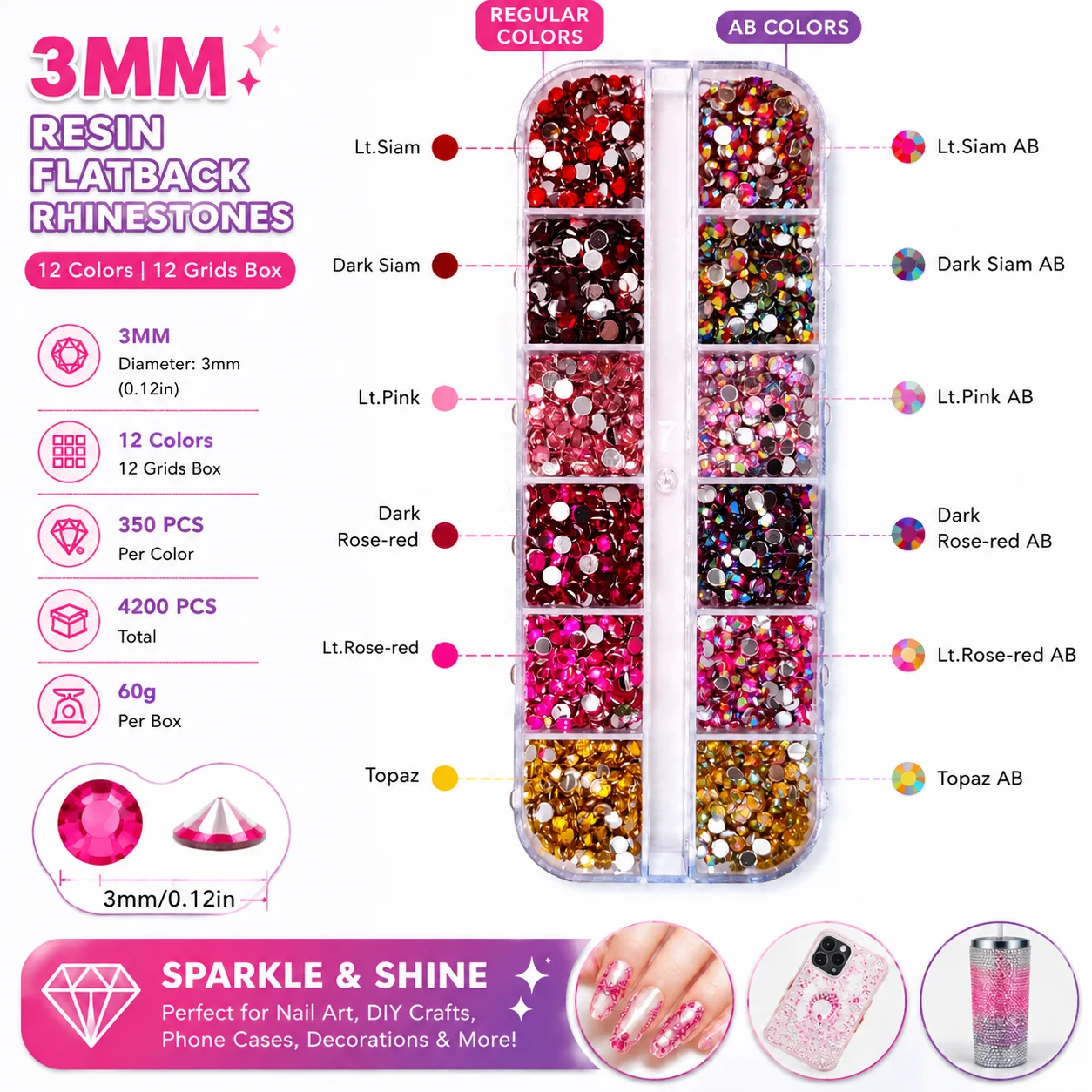 12 Grids Box 6 Regular 6 AB Colors 3mm Resin Flatback Rhinestones  4200pcs DIY Nail Art Craft Gems