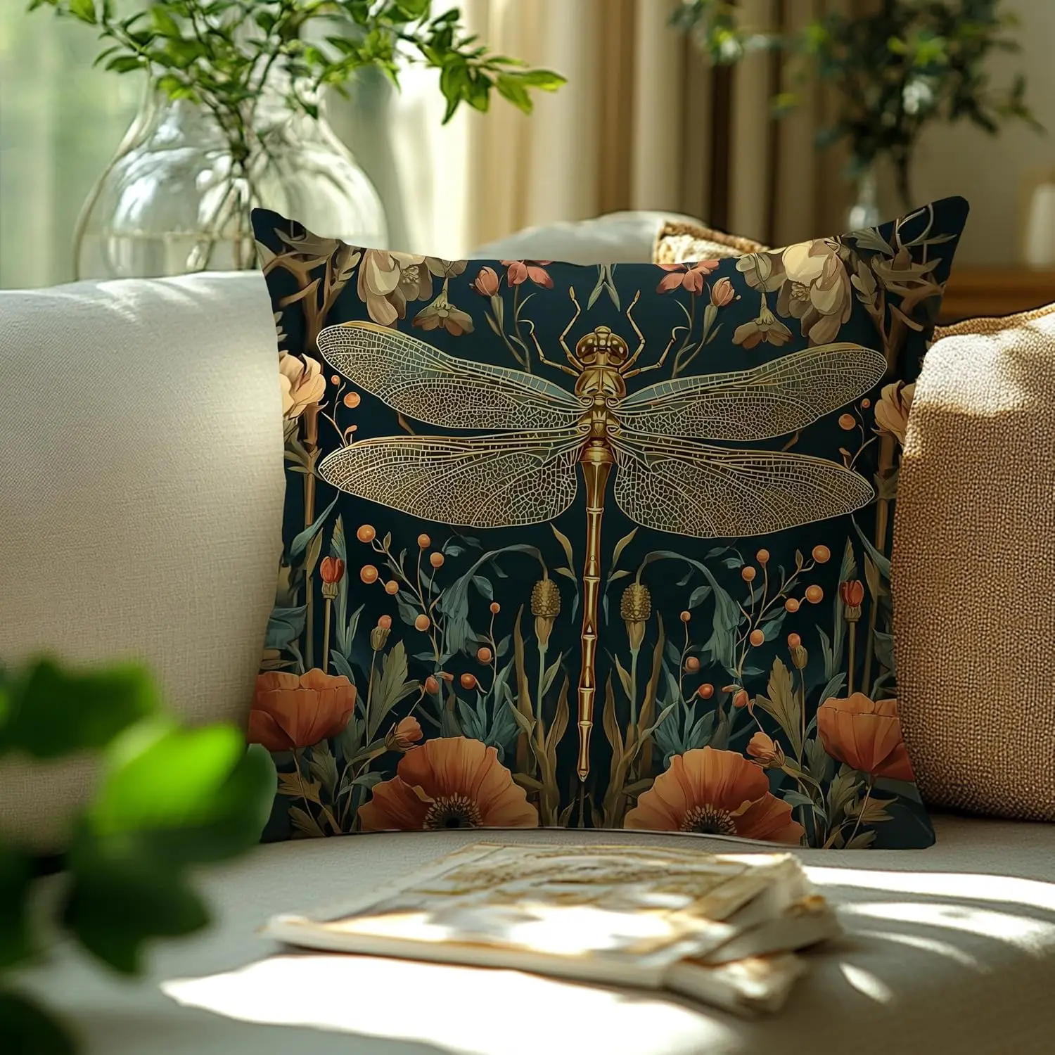 Maximalist Dragonfly Floral Botanical Print Pillowcase 18x18 Inch Boho Nature Home Decor autumn decoration