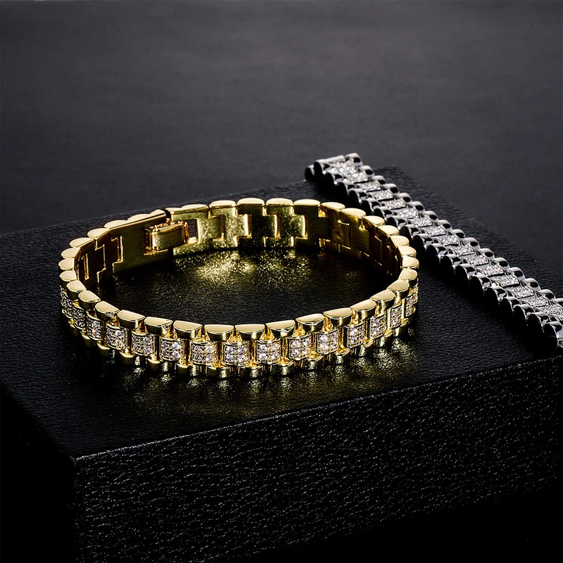 Hip Hop 3A+ CZ Stone Paved Bling Iced Out Watch Strap Link Chain Necklaces for Men Rapper Jewelry Gift Gold Silver Color