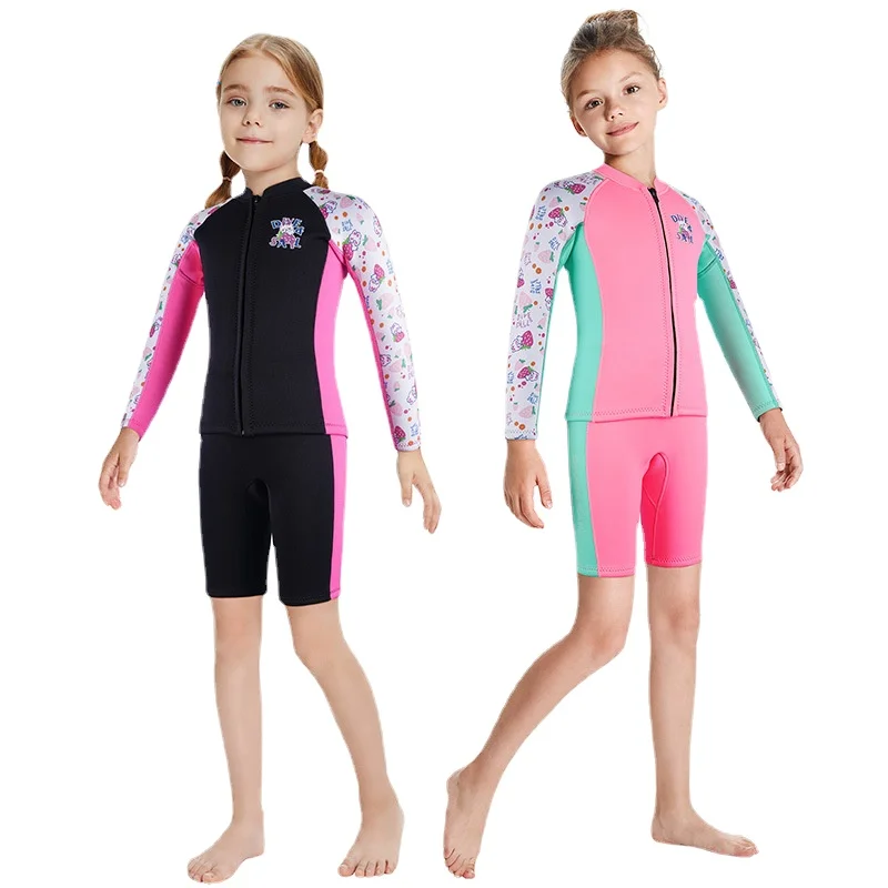 

2.5MM Diving Suits Neoprene Wetsuits Kids Swimwears Long Sleeves Shorts Two Piece Set Girls Surfing Swimming Children