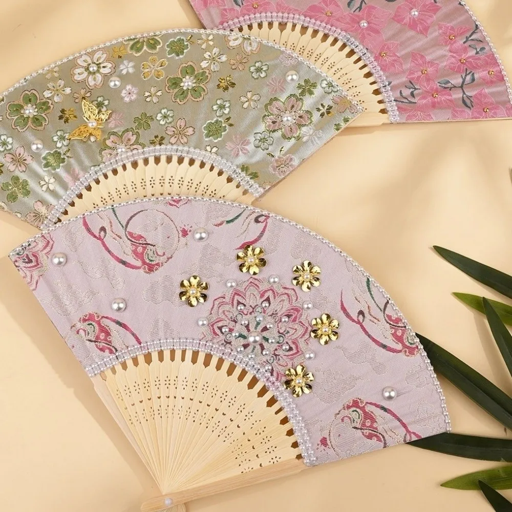 Traditional Pearl Folding Fan Butterfly Fabric Chinese Style Fan Portable DIY Craft Kit Floral Print Hand Fan Home Ornament