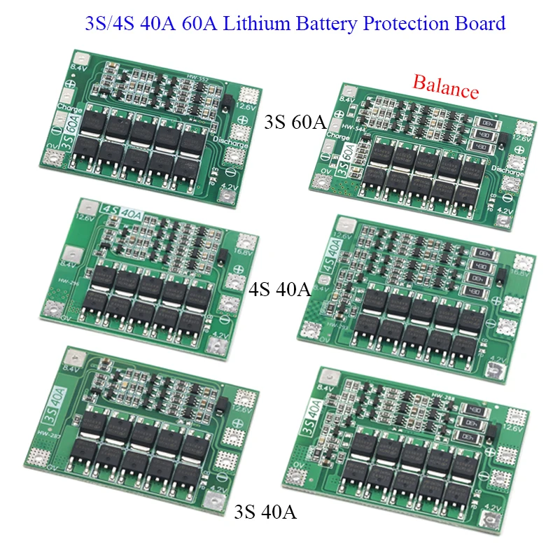 

BMS 3S 4S 40A 60A Lithium Battery Charger Protection Board 18650 Battery 11.1V 12.6V/14.8V 16.8V Enhance Balance