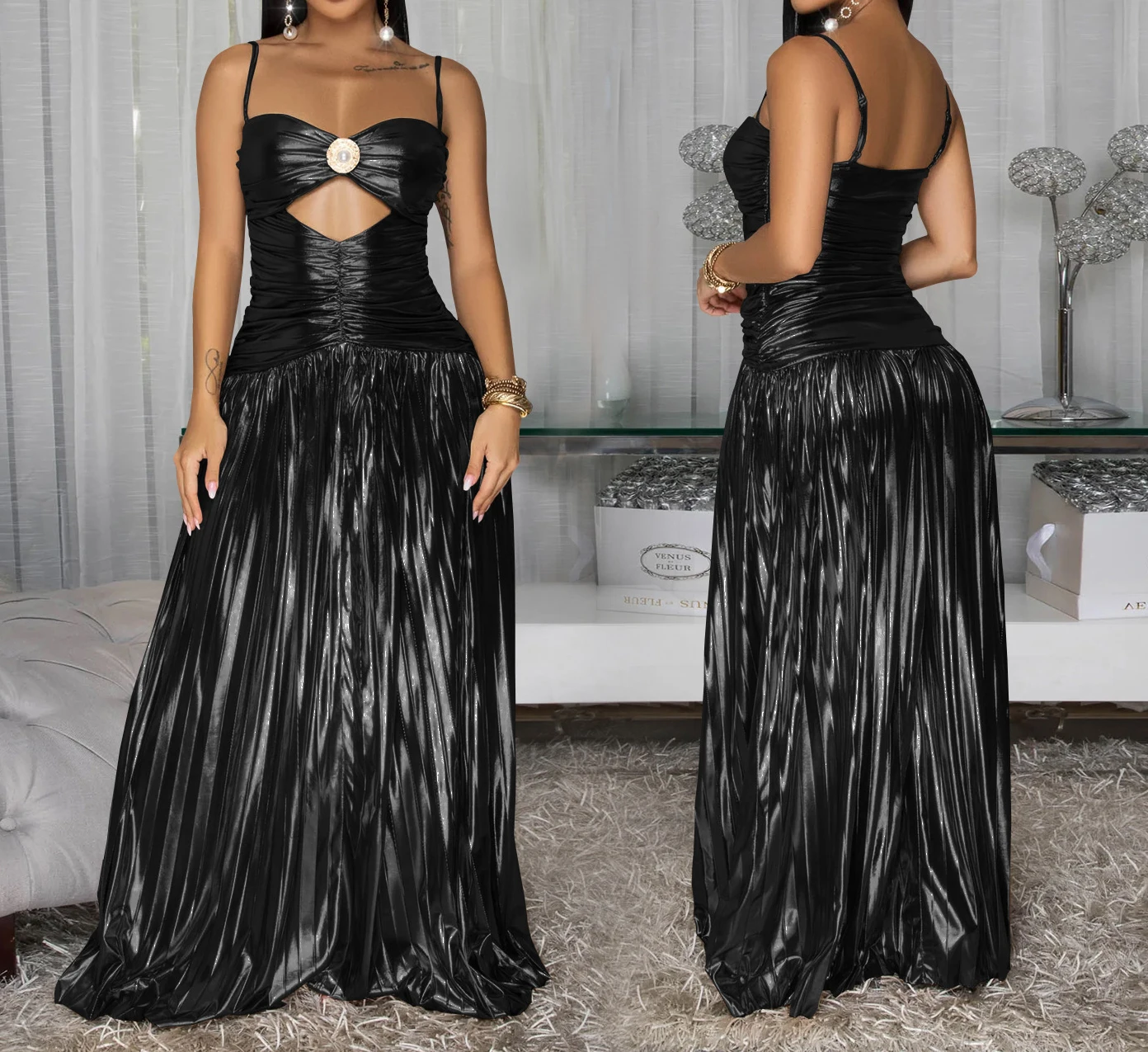 Sukienka damska elegancka na lato 2025, na imprezę, z błyszczącymi ramiączkami spaghetti, długa sukienka klubowa, seksowna sukienka koktajlowa z cekinami, na studniówkę, wieczorowa, model HXY241