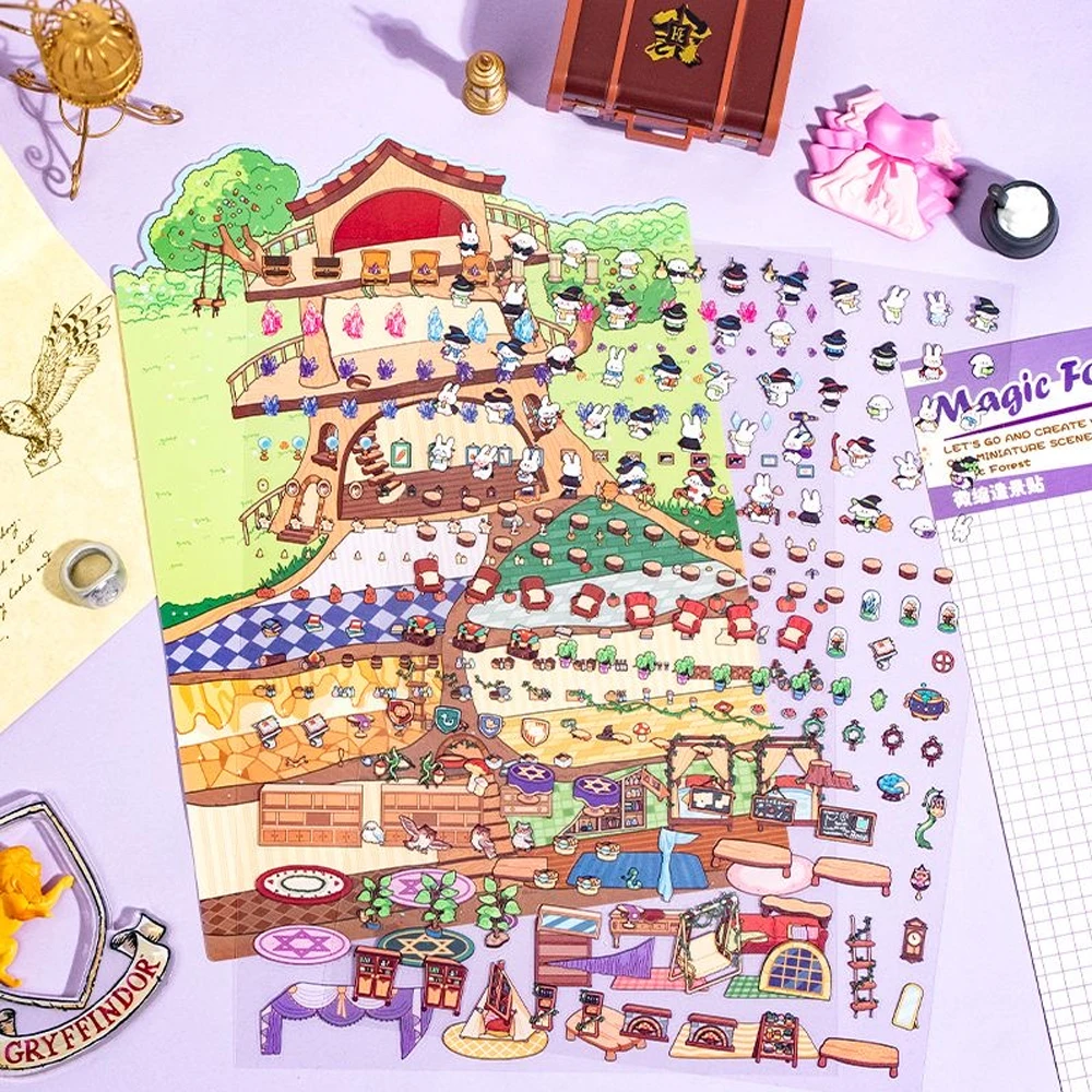 Nuevo 2025 de talla grande 3D bosque paisaje casa pegatina diversión Diy 2.5d cabina escena pegatinas bolsillo Festival regalo para niña chico